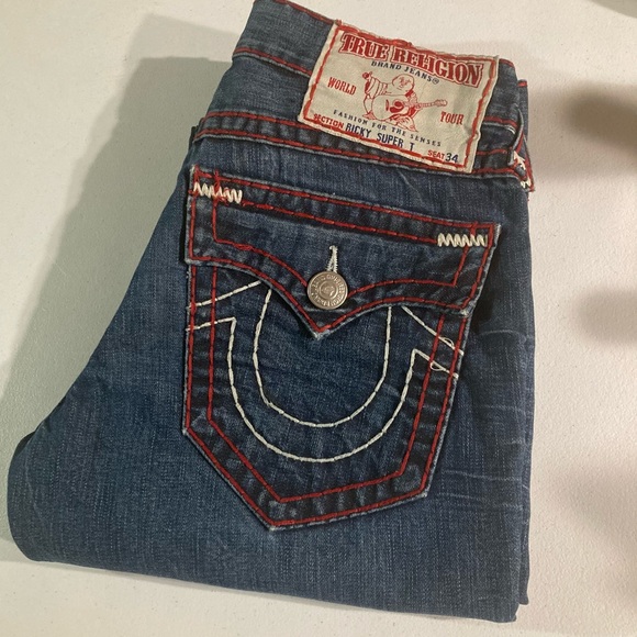 SOLD! Red Stitched Ricky SuperT’s True Religion Size 32x30 as seen on “SEMATARY” - Picture 1 of 6